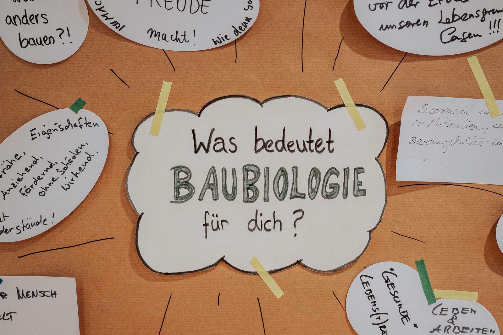 Pinnwand mit der Frage Was bedeutet Baubiologie für dich